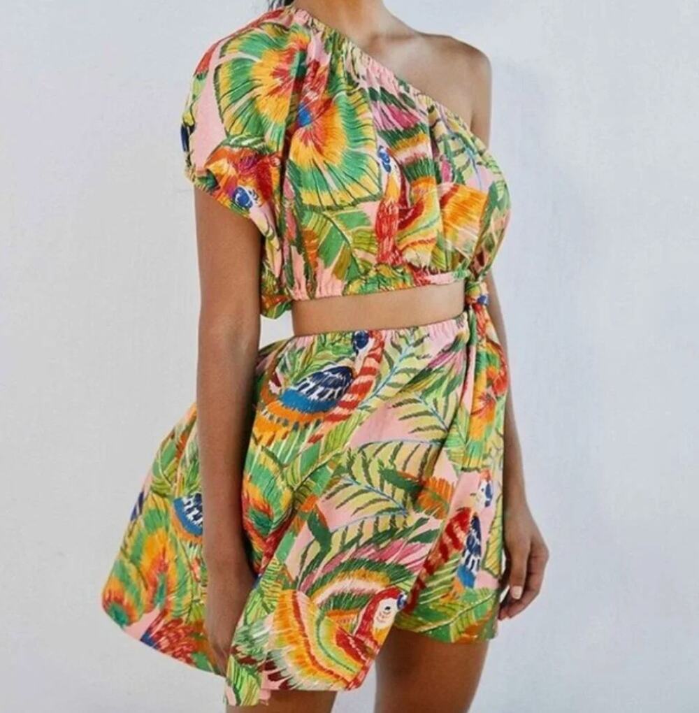 FARM RIO | McCaw Leaves Linen Blend One Shoulder Mini Dress | Medium